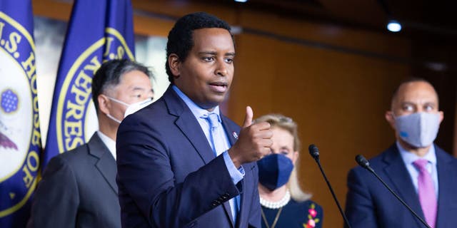 WASHINGTON, DC – House Rep. Joe Neguse (D-Colo.) speaks during a press conference after a House Democratic Caucus meeting at the U.S. Capitol on November 2, 2021, in Washington, DC. Left to right, Ted Lieu (D-Calif.), Debbie Dingell (D-Mich.), and Chairman Hakeem Jeffries (D-N.Y.). 