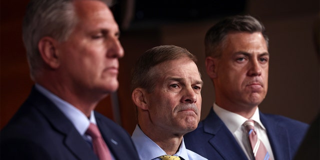 House Minority Leader Kevin McCarthy (R-CA), Rep. Jim Banks (R-IN) and Rep. Jim Jordan (R-OH) attend a news conference on July 21, 2021 in Washington, DC.
