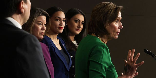 WASHINGTON, DC - JUNE 16: U.S. Speaker of the House Rep. Nancy Pelosi (D-CA) (R) speaks as (L-R) Rep. Gwen Moore (D-WI), Rep. Angie Craig (D-MN), Rep. Alexandria Ocasio-Cortez (D-NY), and Rep. Sara Jacobs (D-CA) listen during a news conference at the U.S. Capitol June 16, 2021 in Washington, DC. Speaker Pelosi held a news conference to announce members of the newly established Select Committee on Economic Disparity and Fairness in Growth. 