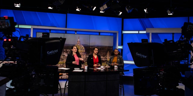 HARRISBURG, PA - FEBRUARY 21: Pennsylvania state House Rep. Elizabeth Fiedler, left, Rep. Sara Innamorato, center, and Rep. Summer Lee prepare to go on air for an interview with local TV station on Thursday, February 21, 2019, in Harrisburg, PA. 