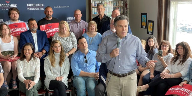 Republican Senate candidate Dave McCormick speaks with supporters on the eve of the Pennsylvania primary at a campaign event in Middletown, Pennsylvania, on May 16, 2022.
