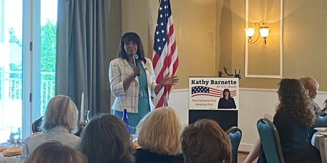 Republican Senate candidate Kathy Barnette campaigns in West Chester, Pennsylvania on May 13, 2022.