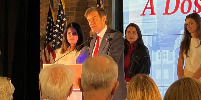 Republican Senate candidate Mehmet Oz speaks to supporters at primary night event in Newtown, Pennsylvania, on May 17, 2022