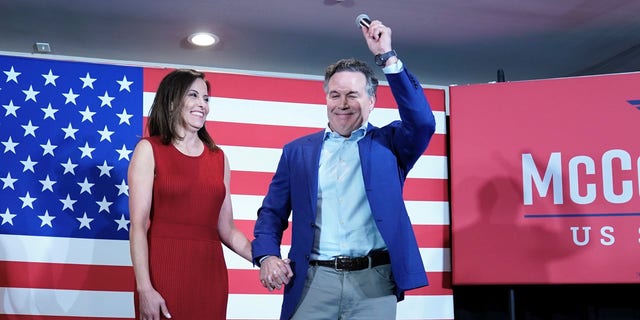 Republican candidate for a Pennsylvania U.S. Senate seat, Dave McCormick, right, and his wife Dinah Powell, talk to supporters during his returns watch party in the Pennsylvania primary election, Tuesday, May 17, 2022, in Pittsburgh.
