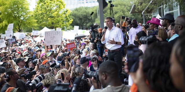 Beto O'Rourke, Democratic gubernatorial candidate for Texas, speaks at a protest during the National Rifle Association (NRA) annual convention in Houston, Texas, US, on Friday, May 27, 2022. Houston Mayor Sylvester Turner said the NRA should postpone its convention in the city this weekend out of respect for the victims of the nations second deadliest school shooting this week in Uvalde, Texas. Photographer: Mark Felix/Bloomberg via Getty Images