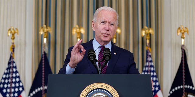 President Joe Biden delivers remarks on the debt ceiling during an event in the State Dining Room of the White House, Monday, Oct. 4 in Washington.