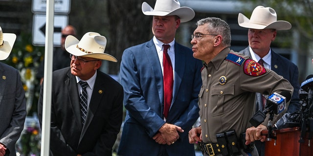 Director and Colonel of the Texas Department of Public Safety Steven C. McCraw listens during a press conference outside Robb Elementary School in Uvalde, Texas, on May 27, 2022. 