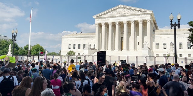 Demonstrators gather outside the Supreme Court after Roe v. Wade was overturned on June 24, 2022.