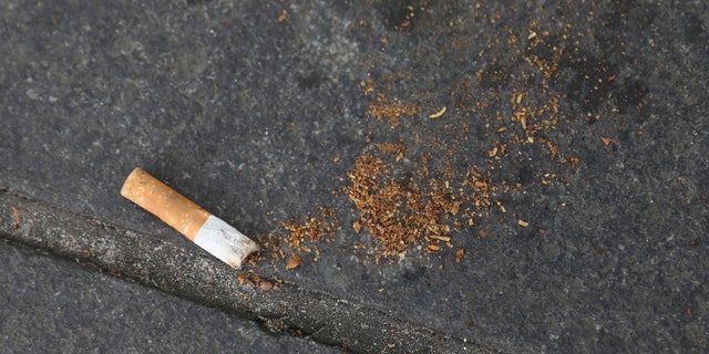 A cigarette butt lies on a street in New York, U.S., May 10, 2017. 