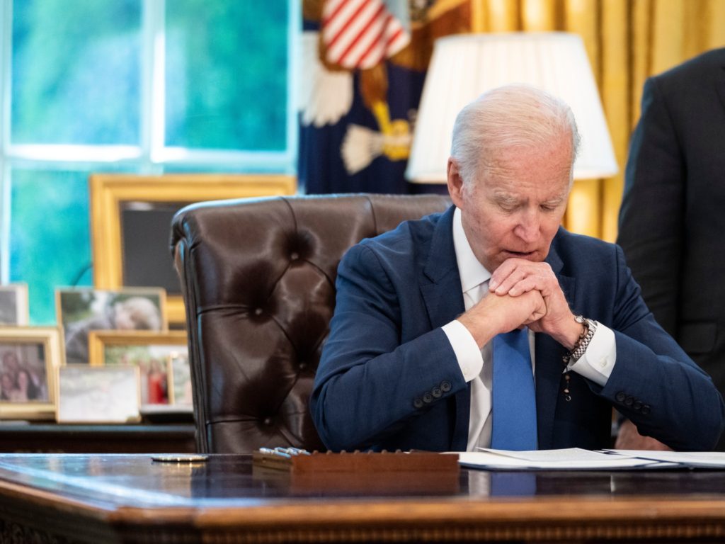 WASHINGTON, DC - MAY 9: U.S. President Joe Biden speaks to reporters before signing the Ukraine Democracy Defense Lend-Lease Act of 2022 in the Oval Office of the White House May 9, 2022 in Washington, DC. The Ukraine Democracy Defense Lend-Lease Act of 2022 was unanimously passed by the U.S. Senate on April 7 and will expedite military aide and other resources to Ukraine. (Photo by Drew Angerer/Getty Images)