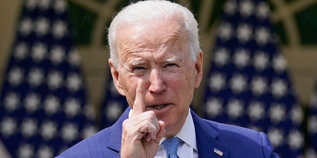 President Biden gestures as he speaks about gun violence prevention in the Rose Garden at the White House April 8, 2021. 