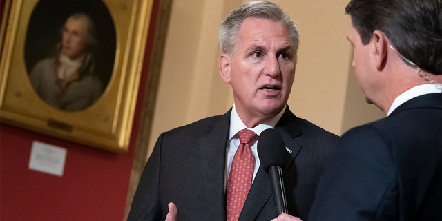 House Minority Leader Kevin McCarthy, R-Calif., speaks during a television interview as the House considers President Biden's $1.85 trillion-and-growing domestic policy package, at the Capitol in Washington Nov. 5, 2021. 