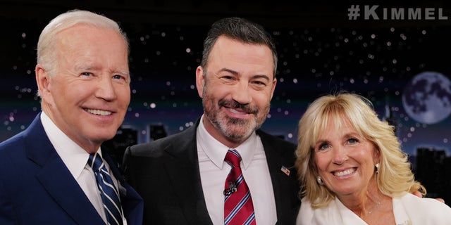 President Joe Biden and First Lady Jill Biden pose for a picture with comedian Jimmy Kimmel on Wednesday, June 8, 2022.