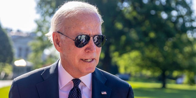 President Joe Biden speaks to the media on the south lawn of the White House. (Photo by Tasos Katopodis/Getty Images)