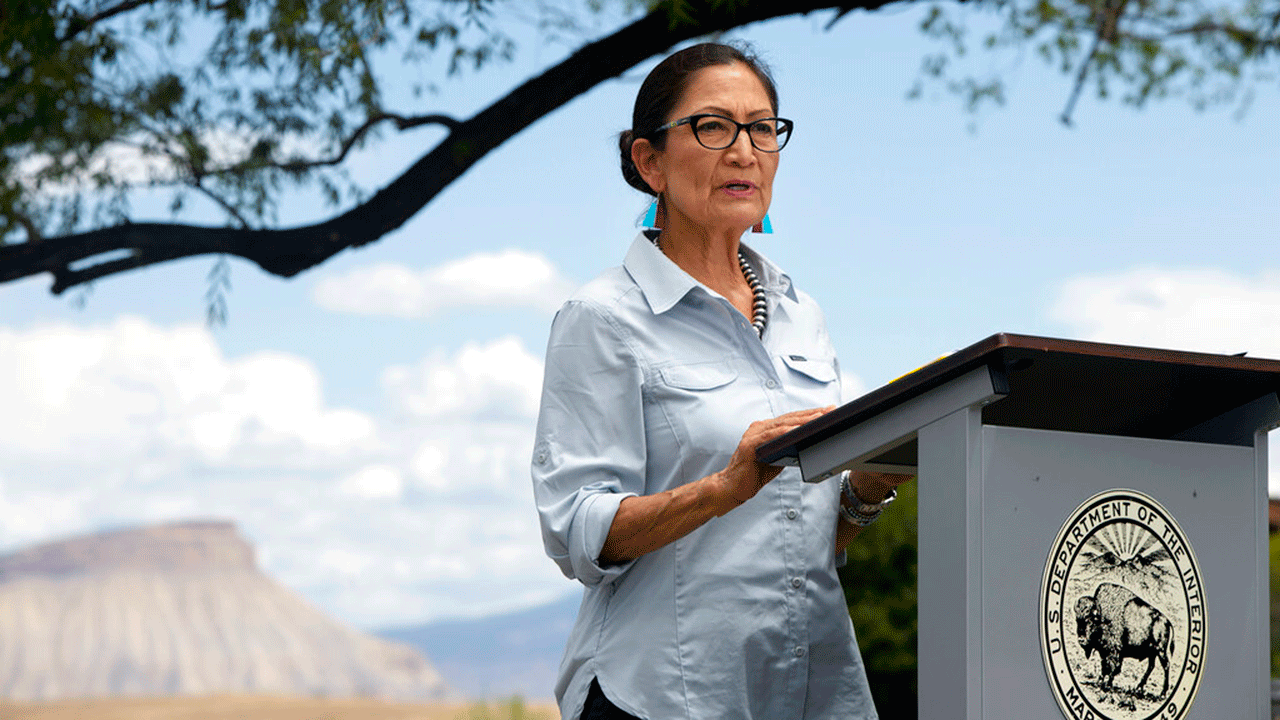 Interior Secretary Deb Haaland visits the Grand Junction Air Center Complex on Friday to discuss her agency's response to wildfires and the Bureau of Land Management headquarters move to Grand Junction on Friday, July 23, 2021, in Grand Junction, Colo.
