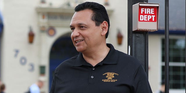 Harris County Sheriff Ed Gonzalez speaks to voters outside a polling station in Field Elementary School in Houston, Texas, U.S., on Tuesday, March 3, 2020. 