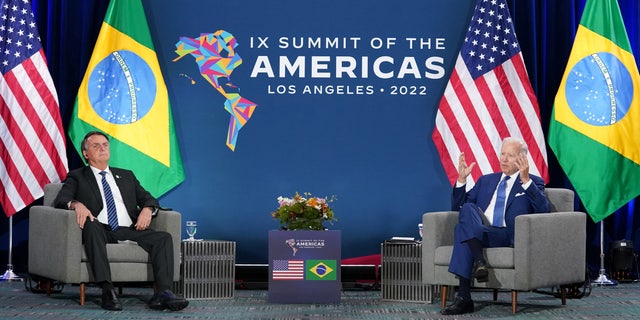 U.S. President Joe Biden speaks while holding a bilateral meeting with Brazil's President Jair Bolsonaro during the Ninth Summit of the Americas in Los Angeles, California, U.S., June 9, 2022. 