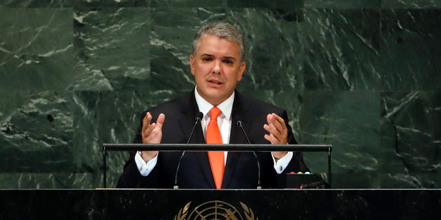 Colombia's President Ivan Duque Marquez addresses the 73rd session of the United Nations General Assembly, at U.N. headquarters, Wednesday, Sept. 26, 2018. (AP Photo/Richard Drew)