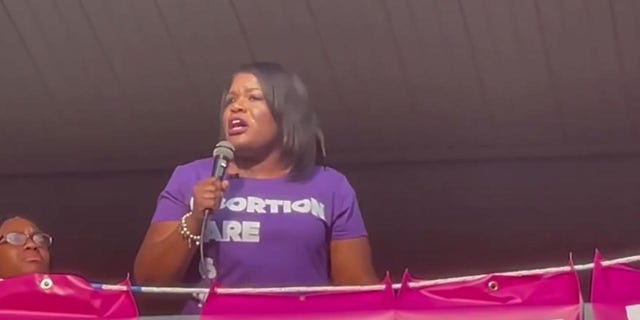 Rep. Cori Bush, D-Mo., speaks at a pro-choice rally in St. Louis, Missouri after the U.S. Supreme Court overturns Roe v. Wade on June 24, 2022. 