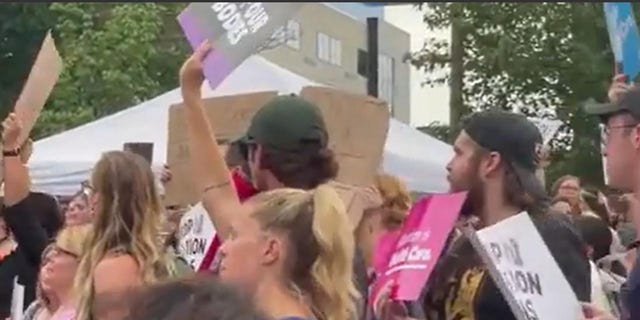 Pro-choice protesters gathered in St. Louis, Missouri, after the U.S. Supreme Court overturned Roe. v Wade on Friday, June 24. 