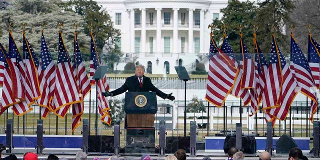 FILE - In this Jan. 6, 2021, file photo with the White House in the background, President Donald Trump speaks at a rally in Washington. 