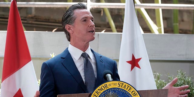 California Gov. Gavin Newsom answers questions at a news conference after signing a memorandum of cooperation  on climate change with Canada's Prime Minister Justin Trudeau at the California Science Center outside of the Summit of the Americas, in Los Angeles, on Thursday, June 9, 2022.
