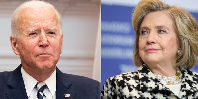 President Biden looks on during a virtual meeting with Mexican President Andrés Manuel López Obrador in the Roosevelt Room of the White House on March 1, 2021, in Washington. (Photo by Anna Moneymaker-Pool/Getty Images) | Former Secretary of State and First Lady Hillary Rodham Clinton speaks at the "Hillary" press conference during the 70th Berlinale International Film Festival Berlin at Grand Hyatt Hotel on Feb. 25, 2020, in Berlin, Germany. (Photo by Andreas Rentz/Getty Images)