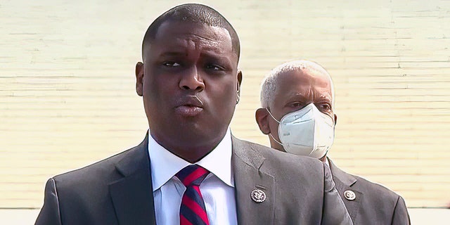 Rep. Mondaire Jones, D-N.Y., speaks before the Supreme Court on April 15, 2021, on his legislation to expand the Supreme Court. 