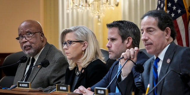 (L-R) Rep. Bennie Thompson, D-Miss., chair of the select committee investigating the January 6 attack on the Capitol, speaks as Rep. Liz Cheney, R-Wyo., vice chair of the select committee; Rep. Adam Kinzinger, R-Ill.; and Rep. Jamie Raskin, D-Md., listen during a committee meeting on Capitol Hill Dec. 1, 2021, in Washington, D.C. 
