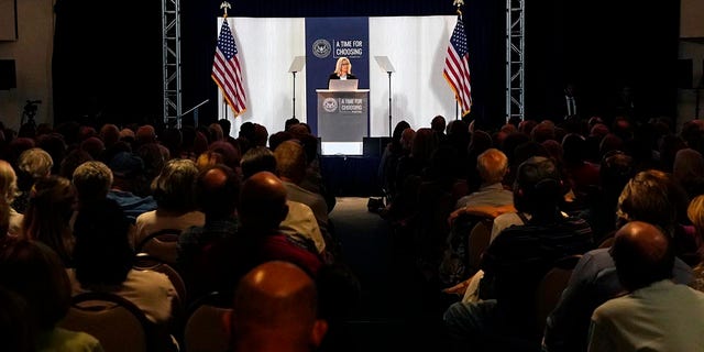 Rep. Liz Cheney, R-Wyo., vice chair of the House Select Committee investigating the Jan. 6 U.S. Capitol insurrection, delivers her "Time for Choosing" speech at the Ronald Reagan Presidential Library and Museum Wednesday, June 29, 2022, in Simi Valley, Calif. The speech is part of a series focusing on the conservative movement to address critical questions facing the future of the Republican Party. (AP Photo/Mark J. Terrill)