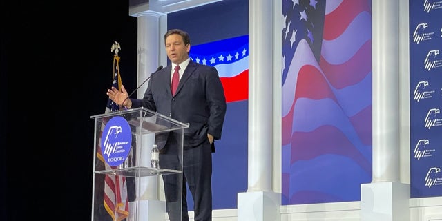 GOP Gov. Ron DeSantis of Florida addresses the Republican Jewish Coalition's annual leadership meeting, on Nov. 6, 2021 in Las Vegas, Nevada