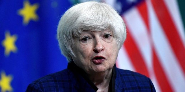 U.S. Treasury Secretary Janet Yellen speaks during a news conference with Irish Finance Minister Paschal Donohoe at Government buildings in Dublin, Ireland, Nov. 1, 2021.