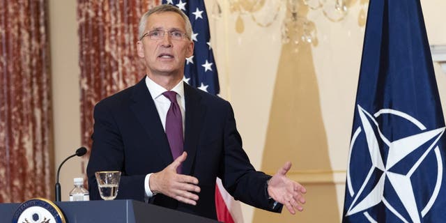 NATO Secretary General Jens Stoltenberg answers a reporter's question, Wednesday, June 1, 2022, during a news conference with Secretary of State Antony Blinken, at the State Department in Washington. 