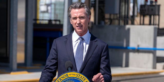 Gov. Gavin Newsom speaks to the media in Carson, California, May 17, 2022.