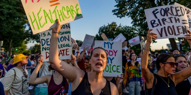 Protesters gather outside the U.S. Supreme Court on June 25, 2022, in Washington in the wake of the decision overturning Roe v. Wade.