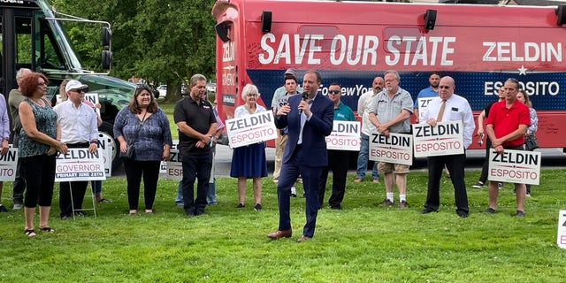 Rep. Lee Zeldin of New York, a GOP gubernatorial candidate, campaigns in Goshen, N.Y. on the eve of the state's primary 