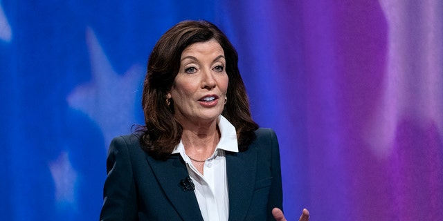 New York Gov. Kathy Hochul debates in the race for governor at the studios of WNBC4-TV June 16, 2022, in New York City. Early voting starts June 18 ahead of the June 28 primary. 