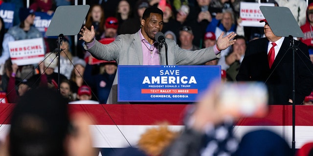 Herschel Walker, Republican senate candidate for Georgia, speaks after being brought on stage by former President Donald Trump at a rally in Commerce, Georgia, U.S., on Saturday, March 26, 2022.