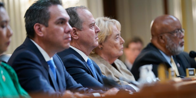 From left to right, Rep. Stephanie Murphy, D-Fla., Rep. Pete Aguilar, D-Calif., Rep. Adam Schiff, D-Calif., Rep. Zoe Lofgren, D-Calif., and Chairman Bennie Thompson, D-Miss., listen as the House select committee investigating the Jan. 6 attack on the U.S. Capitol holds its first public hearing.