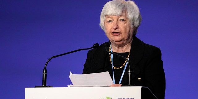 Treasure Secretary Janet Yellen speaks at the U.N. climate summit in Glasgow, Scotland, Nov. 3, 2021.