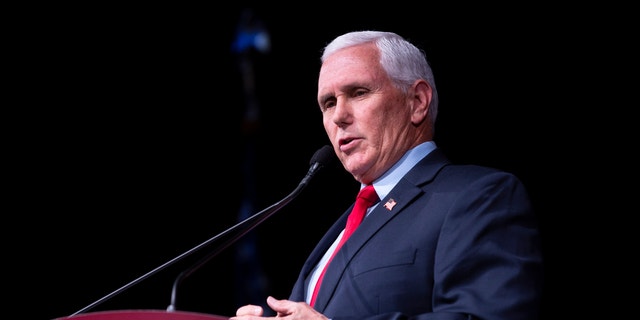 STANFORD, CA - FEB. 17: Former Vice President Mike Pence speaks at Stanford University's Dinkelspiel Auditorium, Thursday, Feb. 17, 2022, in Stanford, Calif. The Stanford College Republicans hosted the former vice president in an event titled "How to Save America from the Woke Left." (Santiago Mejia/The San Francisco Chronicle via Getty Images)
