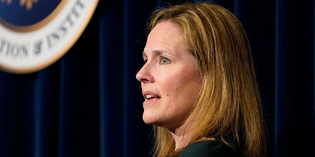 Supreme Court Justice Amy Coney Barrett speaks at the Ronald Reagan Presidential Library Foundation in Simi Valley, California, April 4, 2022.