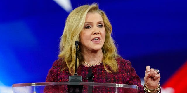 Sen. Marsha Blackburn, R-Tenn., speaks at the Conservative Political Action Conference (CPAC) Feb. 24, 2022, in Orlando, Fla.