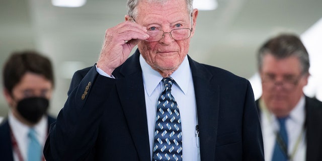Sen. Jim Inhofe, R-Okla., arrives for the Senate Armed Services Committee hearing on the conclusion of military operations in Afghanistan and plans for future counterterrorism operations in Dirksen Building Sept. 28, 2021.
