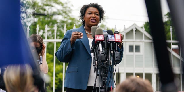 Stacey Abrams, Democratic gubernatorial candidate for Georgia, speaks during a news conference in Atlanta, Georgia, US, on Tuesday, May 24, 2022. Abrams sits on the board of a foundation that awards millions of dollars to professors and scholars who advocate anti-capitalist and prison abolitionist views. 
