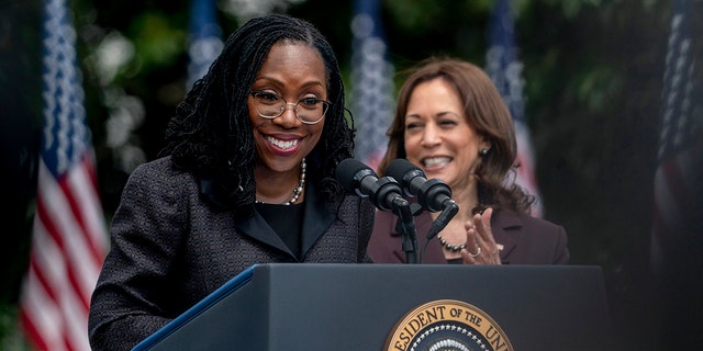 Judge Ketanji Brown Jackson, accompanied by Vice President Kamala Harris, speaks during an event on the South Lawn of the White House in Washington, Friday, April 8, 2022, celebrating the confirmation of Jackson as the first Black woman to reach the Supreme Court.