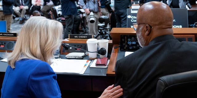 Vice Chair Liz Cheney (R-WY) reacts with Chairman Bennie Thompson (D-MS) after the opening video presentation as the House select committee investigating the Jan. 6 attack on the U.S. Capitol holds its first public hearing to reveal the findings of a year-long investigation, on Capitol Hill in Washington, U.S., June 9, 2022. Alex Brandon/Pool via REUTERS