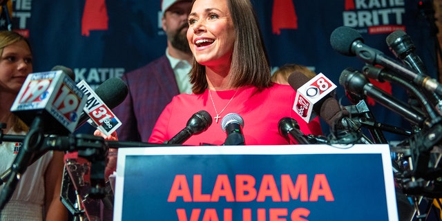 Katie Britt, US Republican Senate candidate for Alabama, speaks during an election night watch event in Montgomery, Alabama