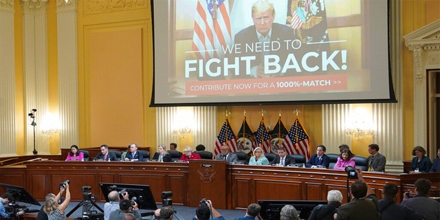 A video of former President Donald Trump speaking is displayed as the House select committee investigating the Jan. 6 attack on the U.S. Capitol continues to reveal its findings of a year-long investigation, at the Capitol in Washington, Monday, June 13, 2022.