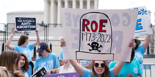Demonstrators protest about abortion outside the Supreme Court in Washington, Friday, June 24, 2022. 